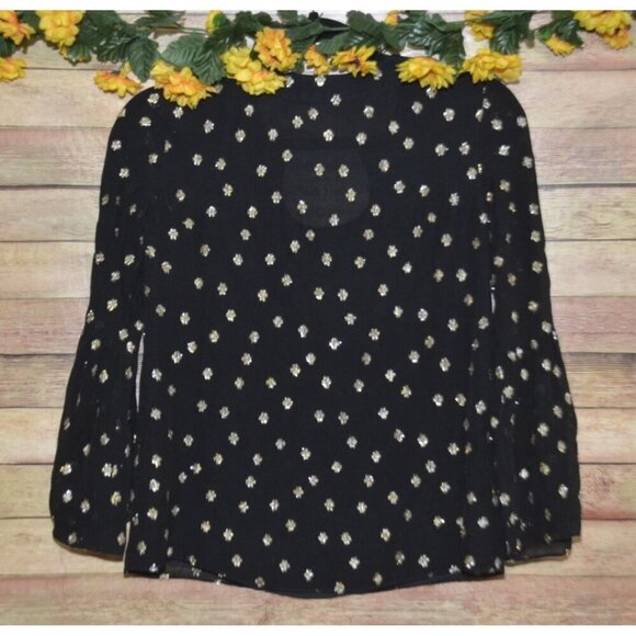 Lilly Pulitzer Ladies XXS Black Silk Blouse Gold Metallic Dots Bell Sleeve - Picture 7 of 11